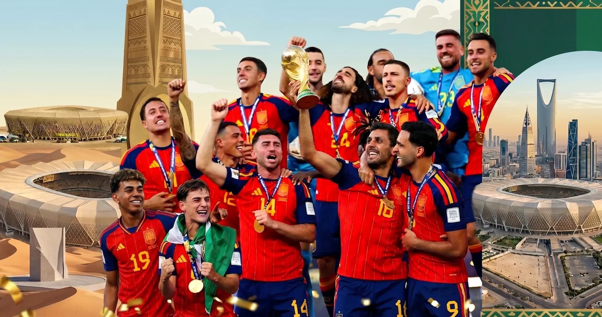 Spain team celebrating with World Cup trophy outdoors Spain team celebrating with World Cup trophy outdoors