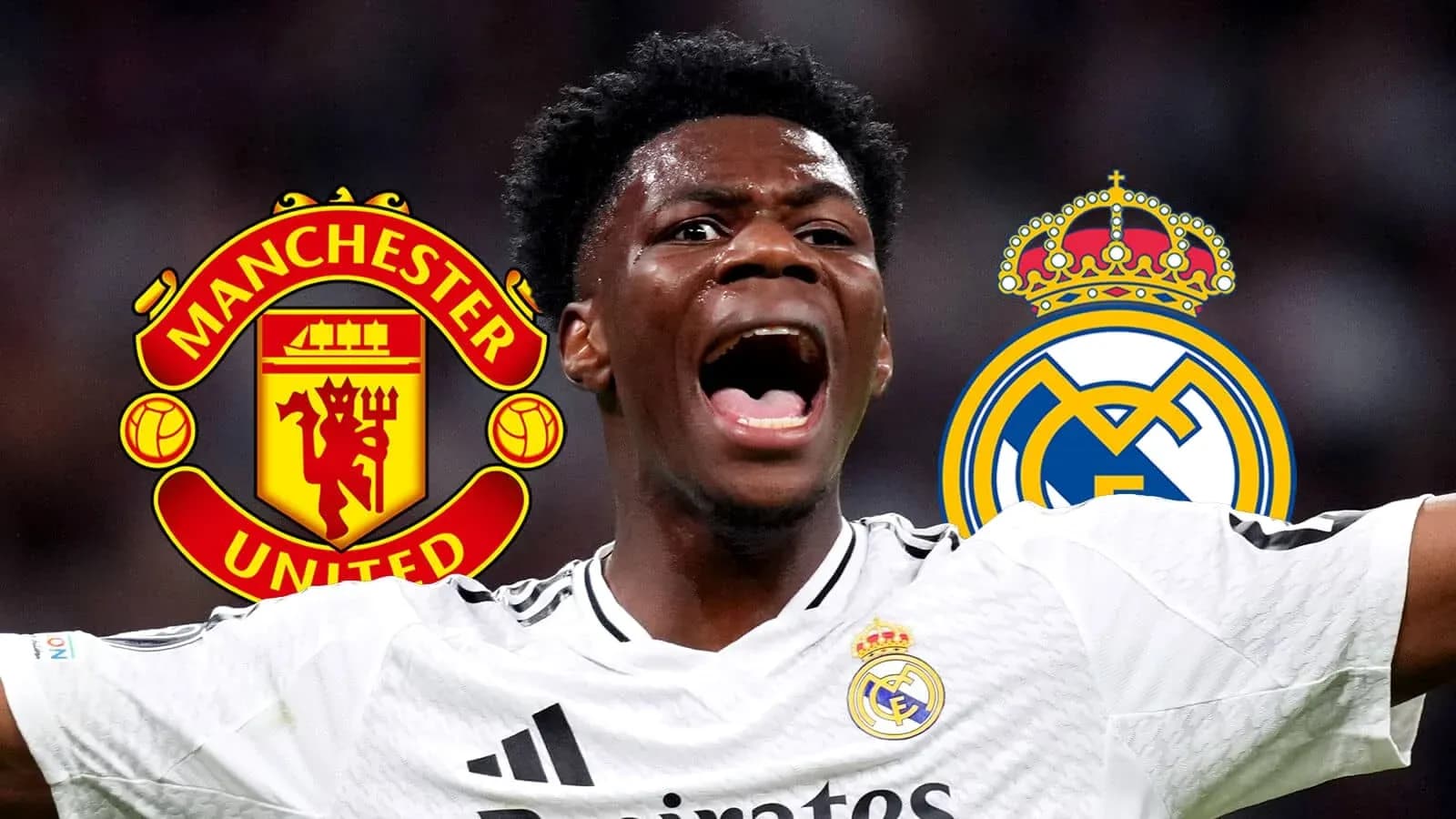 Player celebrating with Manchester United and Real Madrid logos Player celebrating with Manchester United and Real Madrid logos