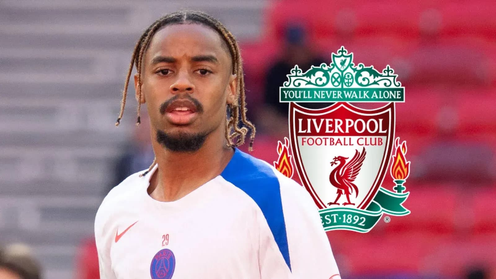 Player training in PSG kit with Liverpool logo overlay Player training in PSG kit with Liverpool logo overlay