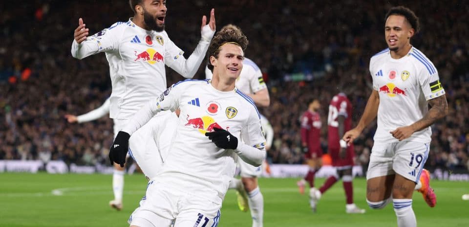 Leeds players celebrating a goal during match Leeds players celebrating a goal during match
