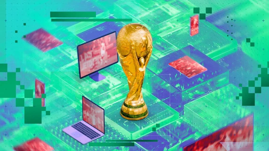 World Cup trophy surrounded by digital screens World Cup trophy surrounded by digital screens