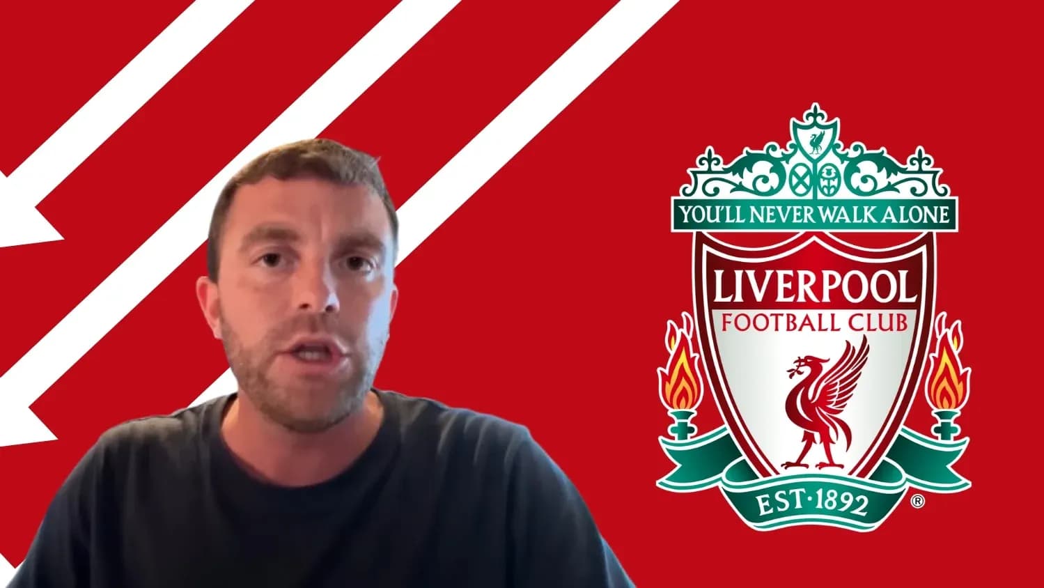 Presenter discussing Liverpool Football Club logo background Presenter discussing Liverpool Football Club logo background