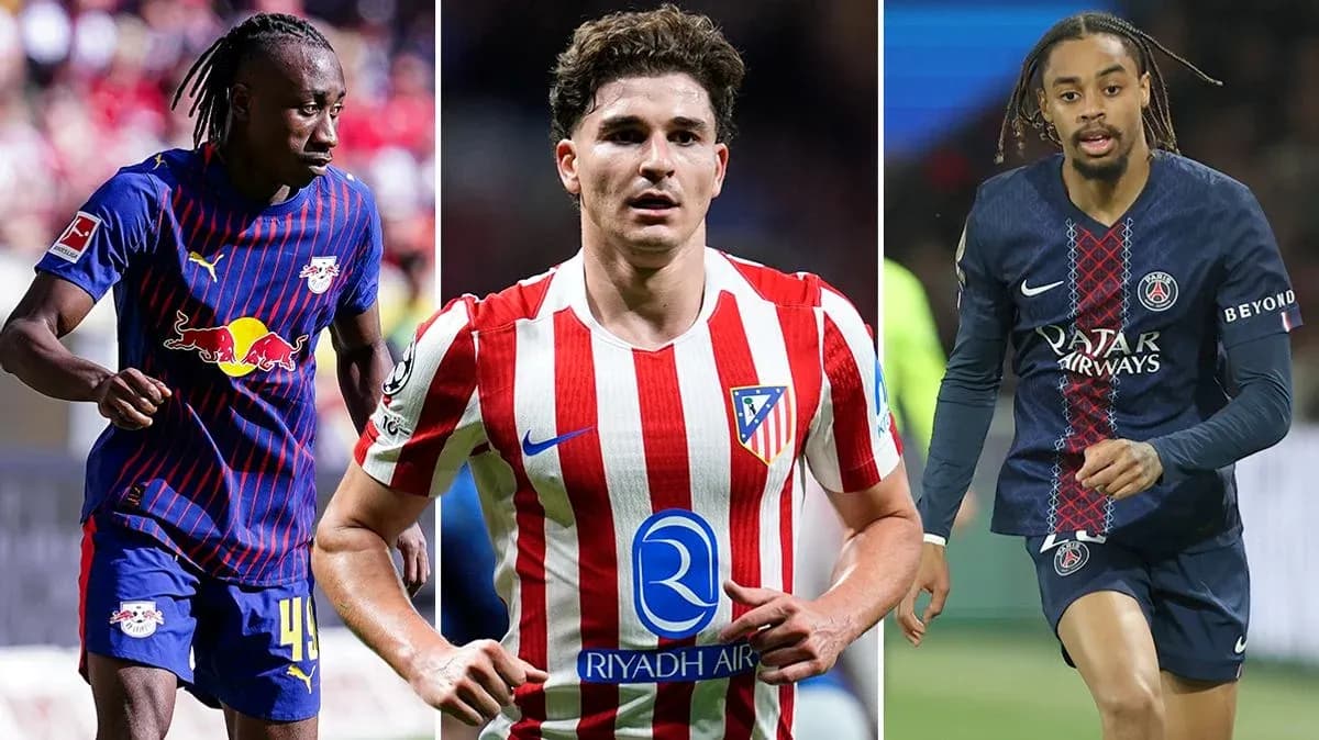 Three football players in club jerseys posing together Three football players in club jerseys posing together