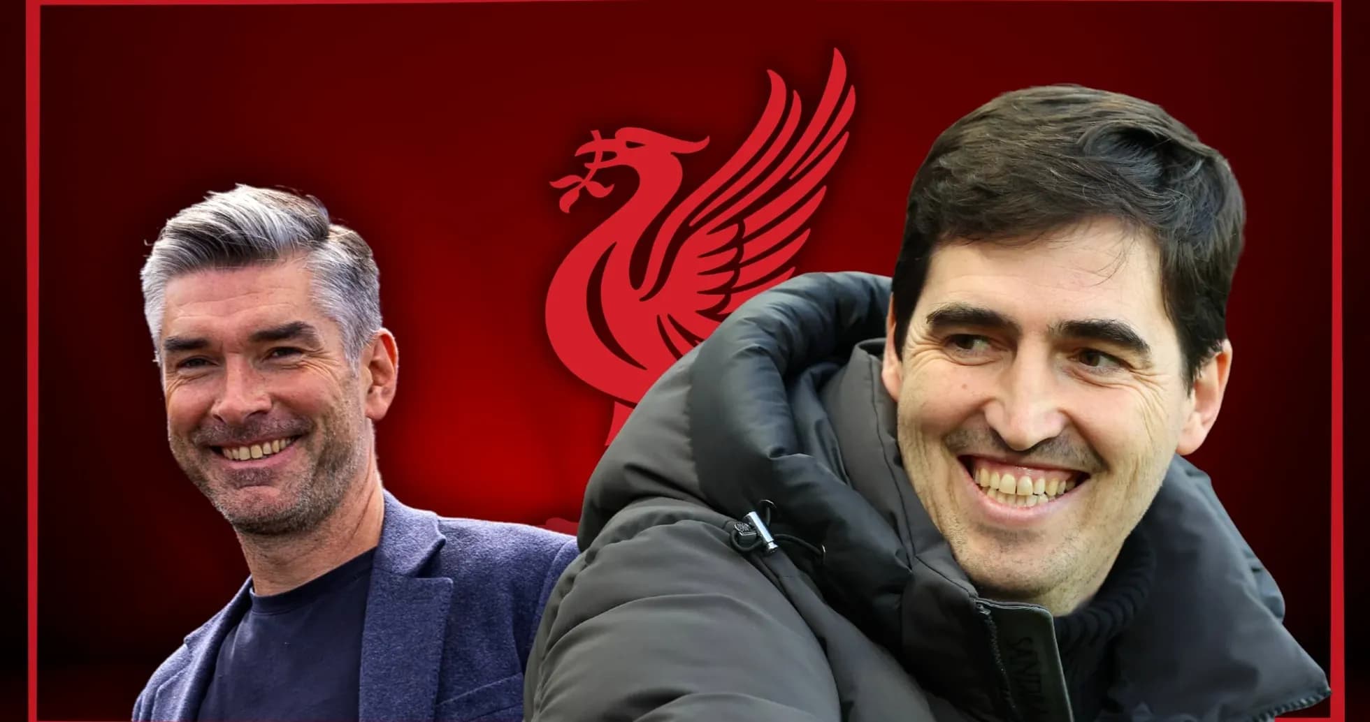 Two football coaches smiling with Liverpool logo background Two football coaches smiling with Liverpool logo background