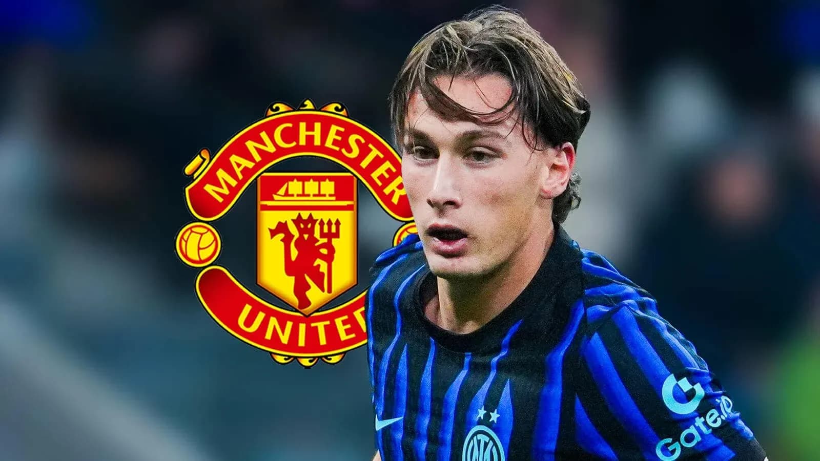 Player in action with Manchester United logo background Player in action with Manchester United logo background