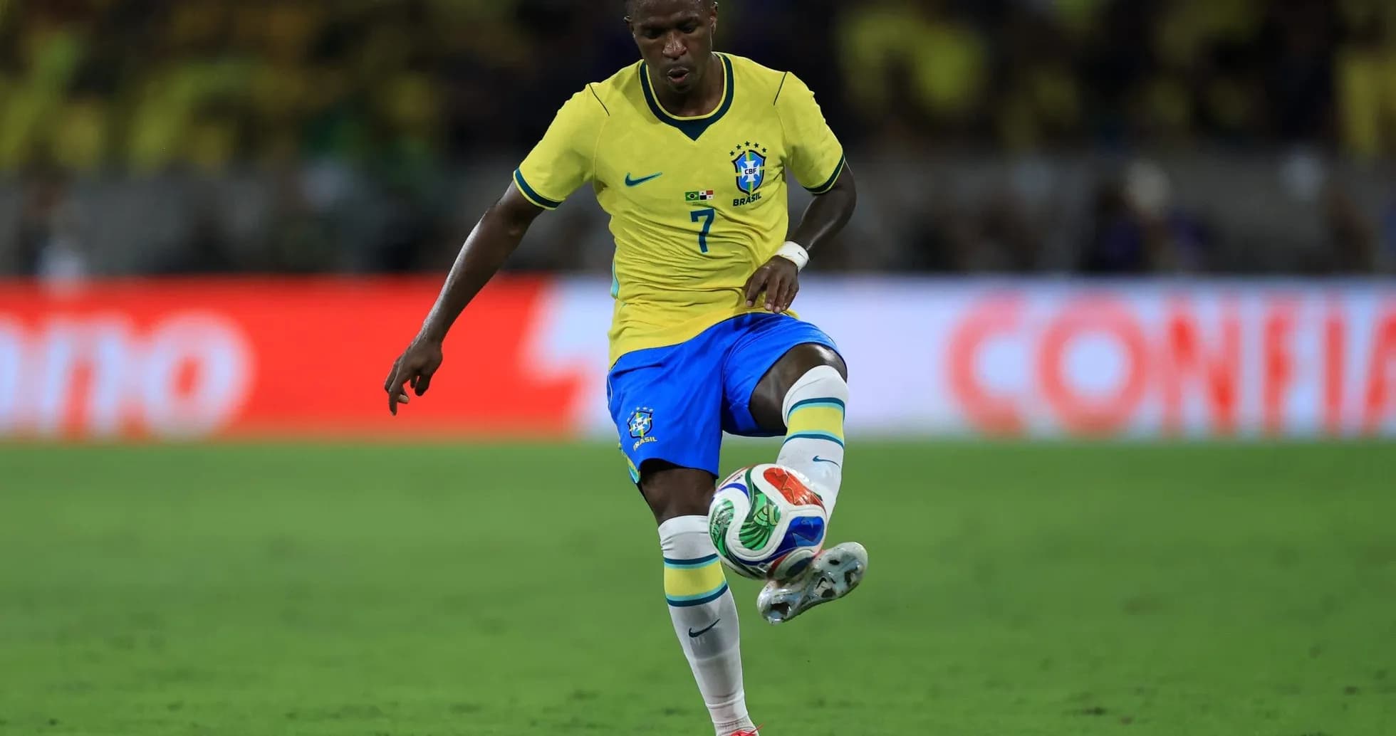 Brazil player controlling the ball during match Brazil player controlling the ball during match