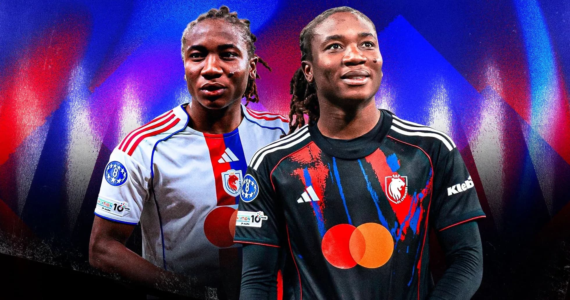 Two football players in team jerseys against colorful background Two football players in team jerseys against colorful background