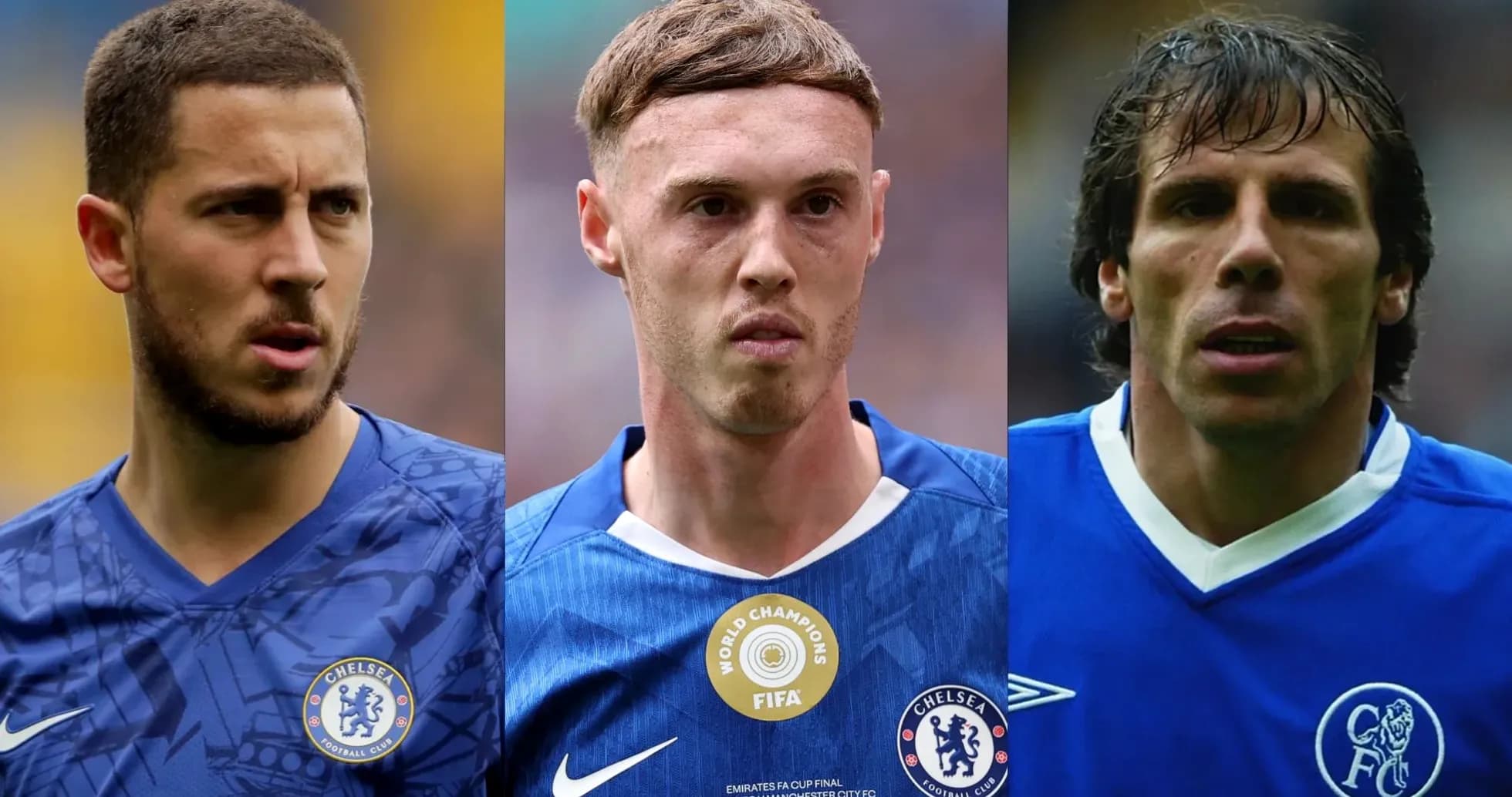 Three Chelsea players in blue kits looking serious Three Chelsea players in blue kits looking serious
