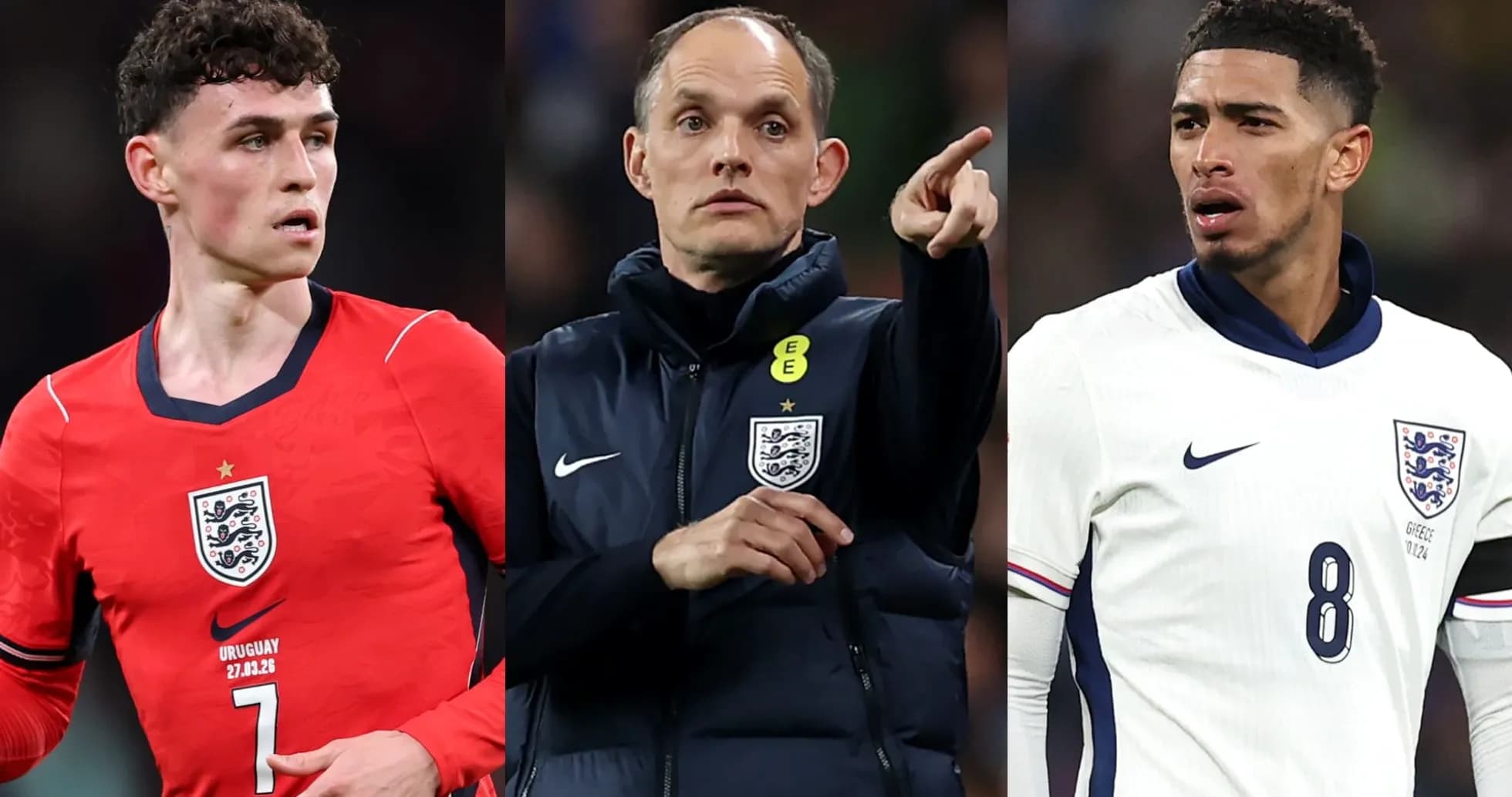 Three football players in England kits during match Three football players in England kits during match