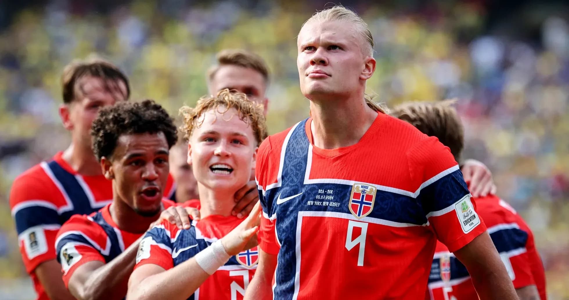 Norwegian players celebrating during World Cup match Norwegian players celebrating during World Cup match