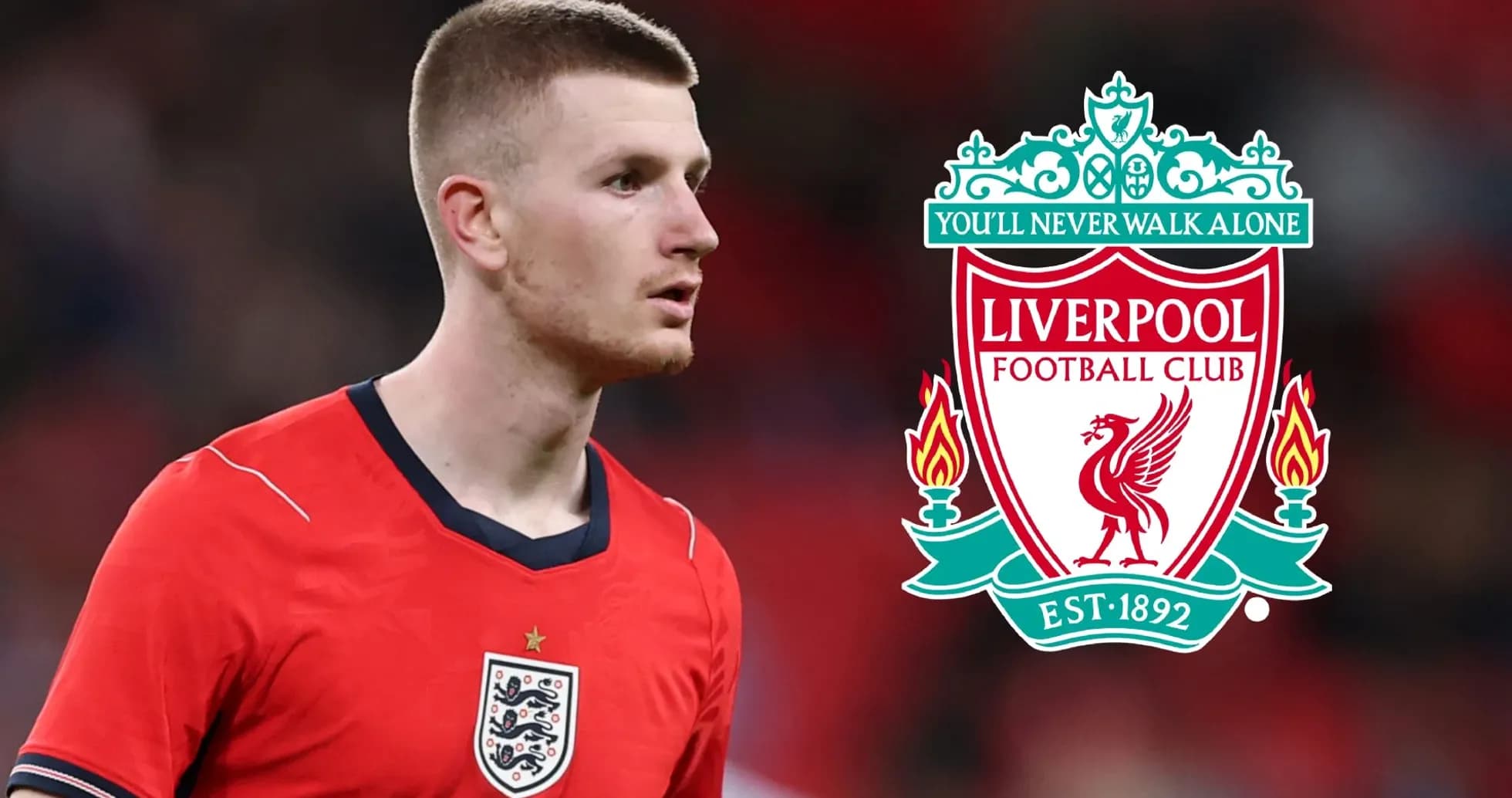 Player in England kit alongside Liverpool FC logo Player in England kit alongside Liverpool FC logo