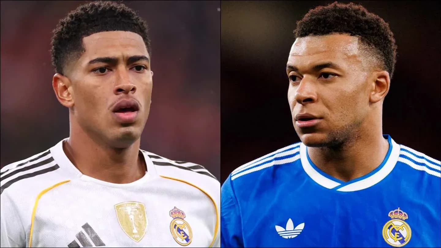 Two soccer players in Real Madrid jerseys Two soccer players in Real Madrid jerseys
