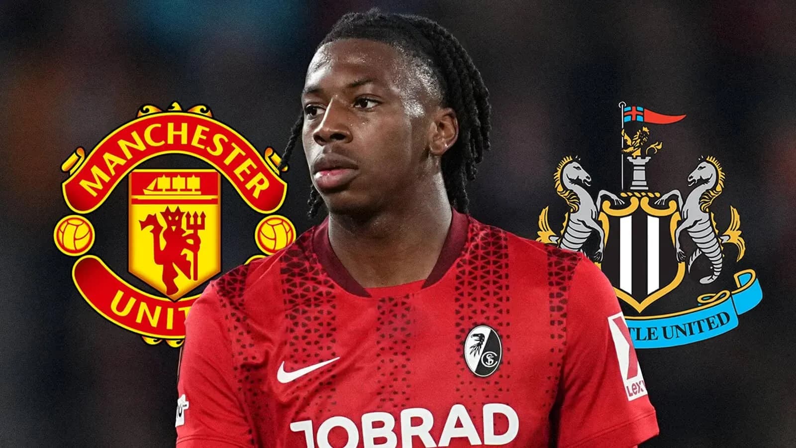 Player in red jersey with Manchester and Newcastle logos Player in red jersey with Manchester and Newcastle logos