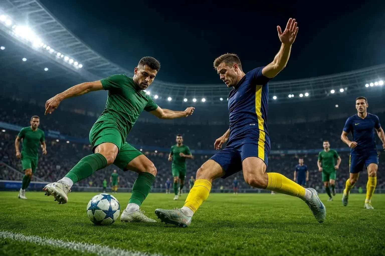Players contesting for the ball in UEFA match Players contesting for the ball in UEFA match
