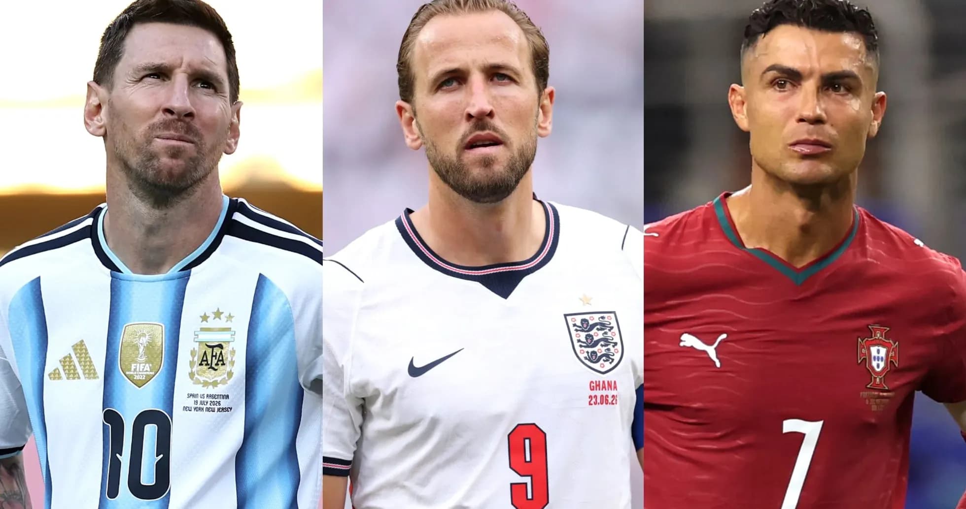 Three football players in their national team jerseys Three football players in their national team jerseys