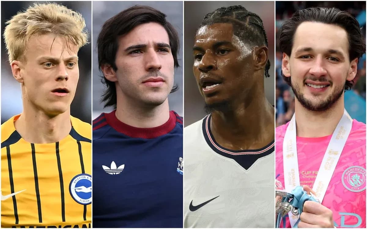 Four football players in various poses and attire Four football players in various poses and attire