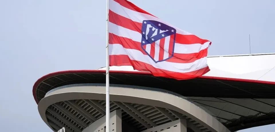 Atletico Madrid flag waving outside stadium Atletico Madrid flag waving outside stadium