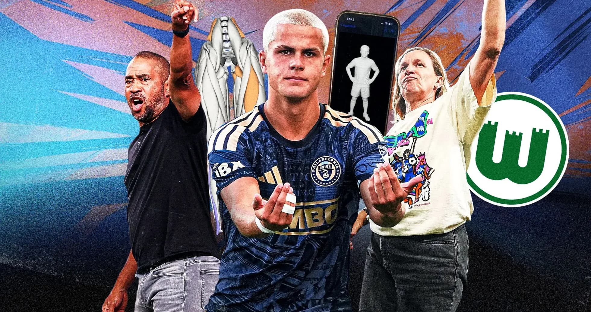 Three individuals celebrating with soccer-related elements Three individuals celebrating with soccer-related elements