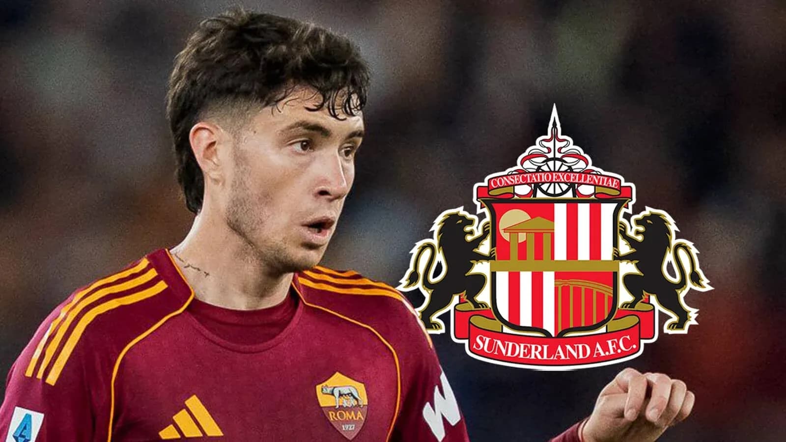 Player in Roma jersey with Sunderland logo background Player in Roma jersey with Sunderland logo background