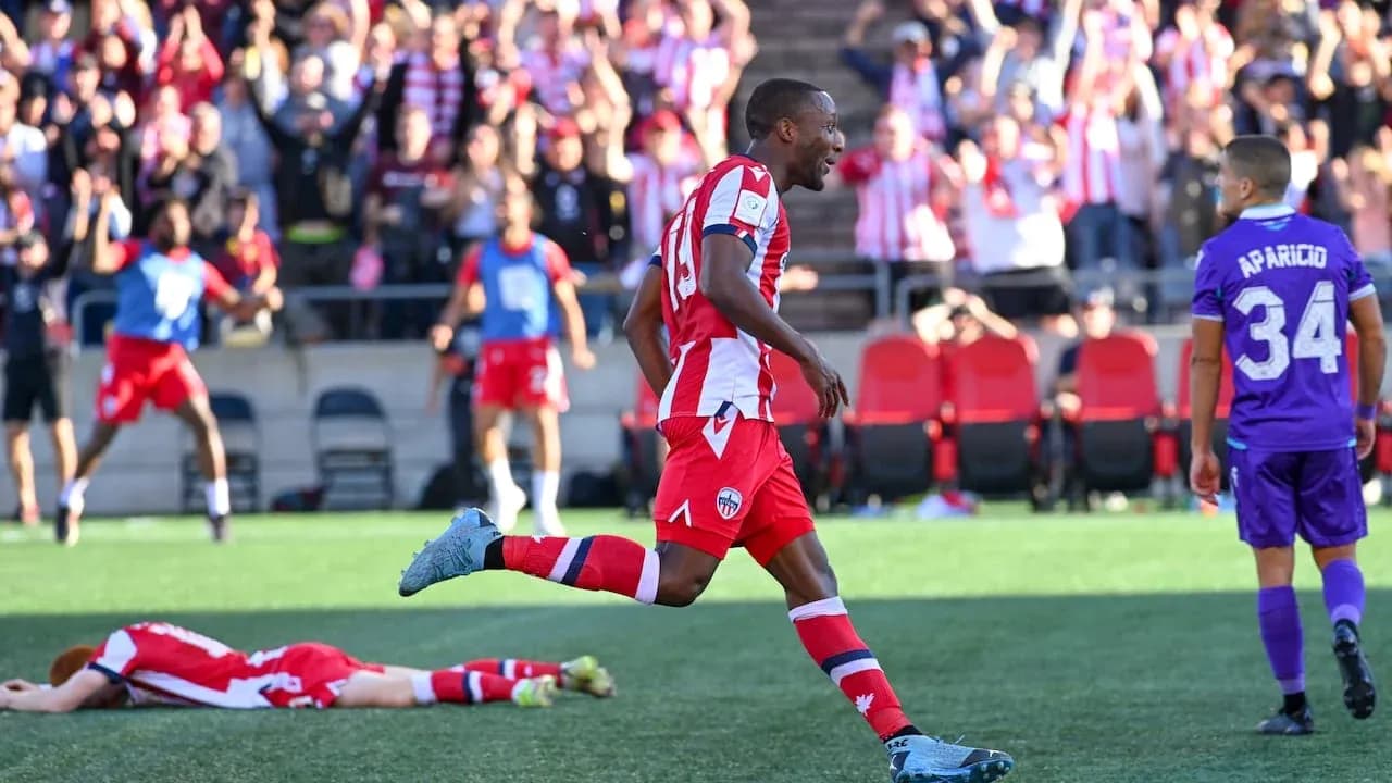 Player celebrating goal during Atlético Ottawa match Player celebrating goal during Atlético Ottawa match