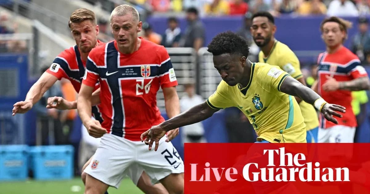 Brazilian player dribbling past Norwegian defenders in match Brazilian player dribbling past Norwegian defenders in match