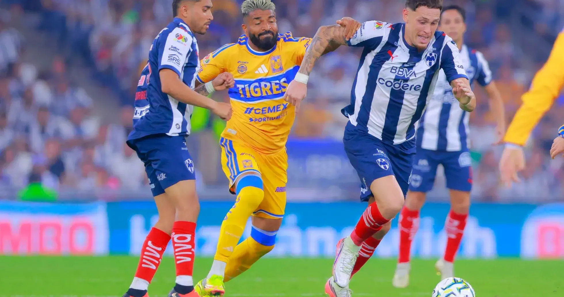 Monterrey players contesting the ball against Tigres UANL Monterrey players contesting the ball against Tigres UANL