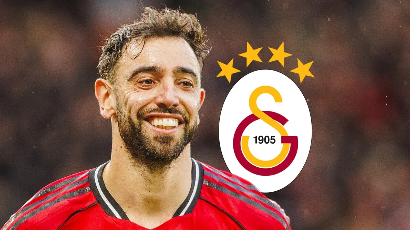 Bruno Fernandes smiling with Galatasaray logo behind Bruno Fernandes smiling with Galatasaray logo behind