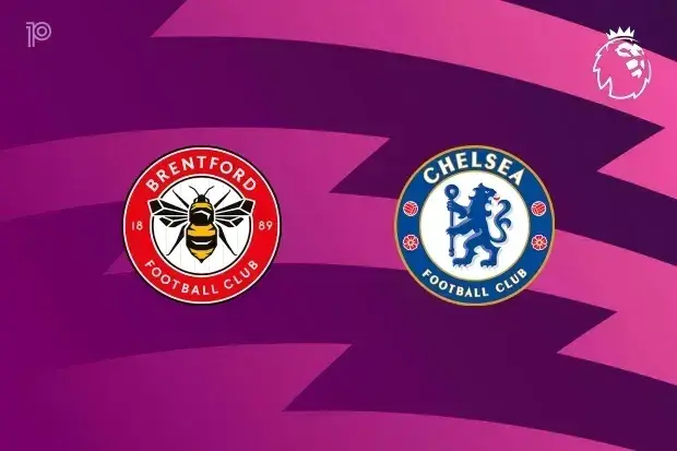 Brentford and Chelsea club logos on purple background Brentford and Chelsea club logos on purple background