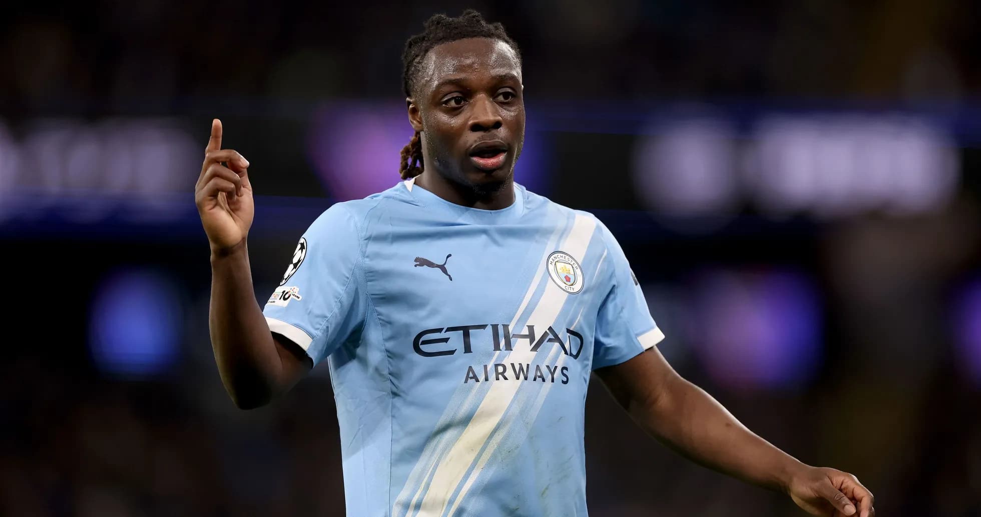 Player in Manchester City kit gesturing during match Player in Manchester City kit gesturing during match