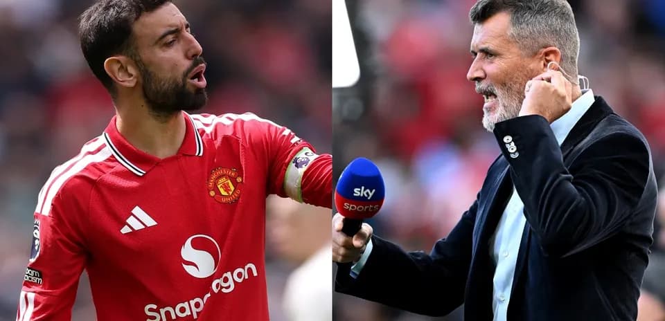 Bruno Fernandes gesturing, Roy Keane speaking on stage Bruno Fernandes gesturing, Roy Keane speaking on stage