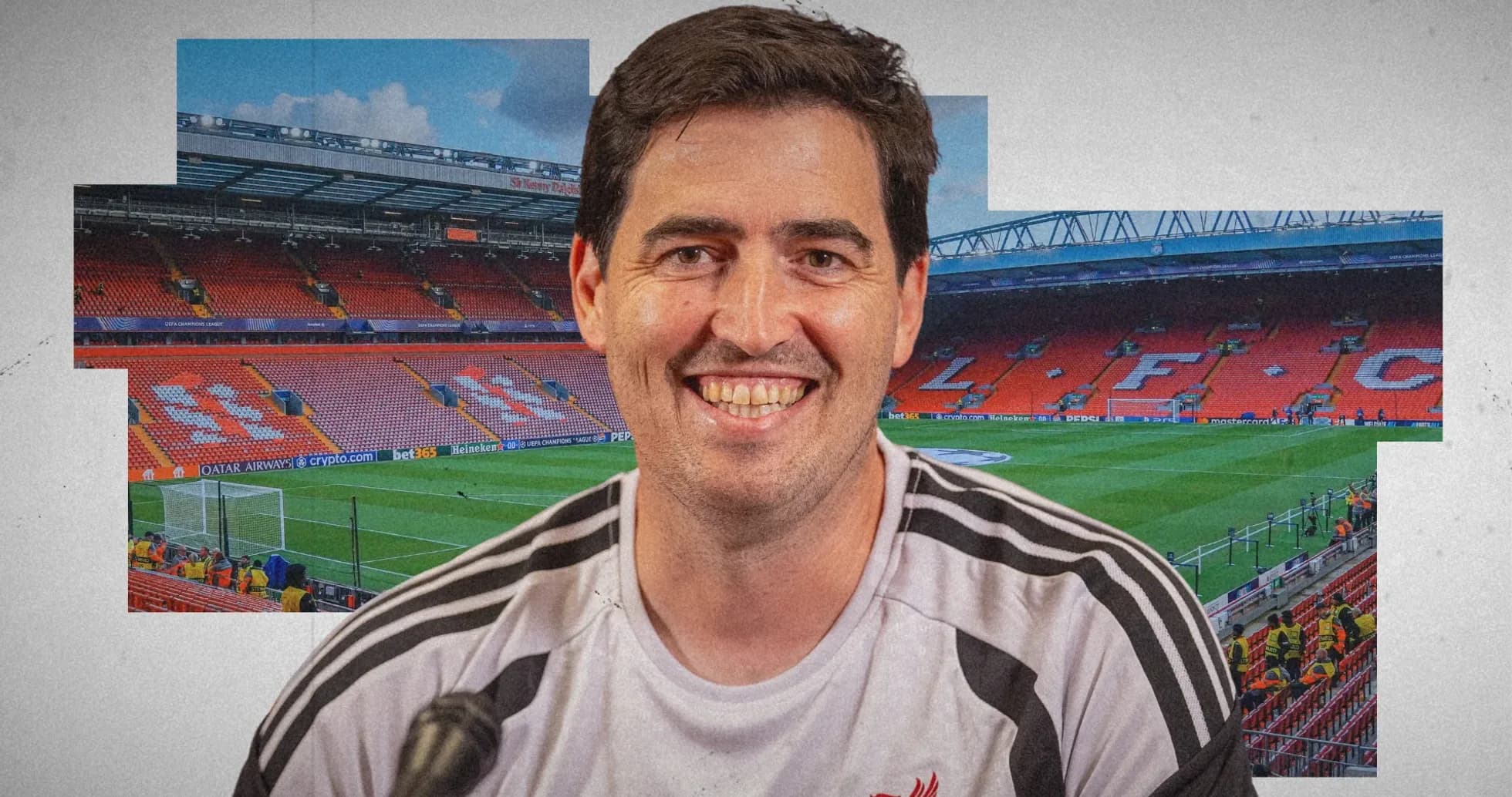 Coach smiling in front of Anfield stadium Coach smiling in front of Anfield stadium