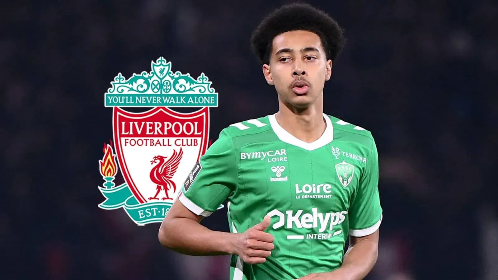 Player in green jersey with Liverpool logo background Player in green jersey with Liverpool logo background