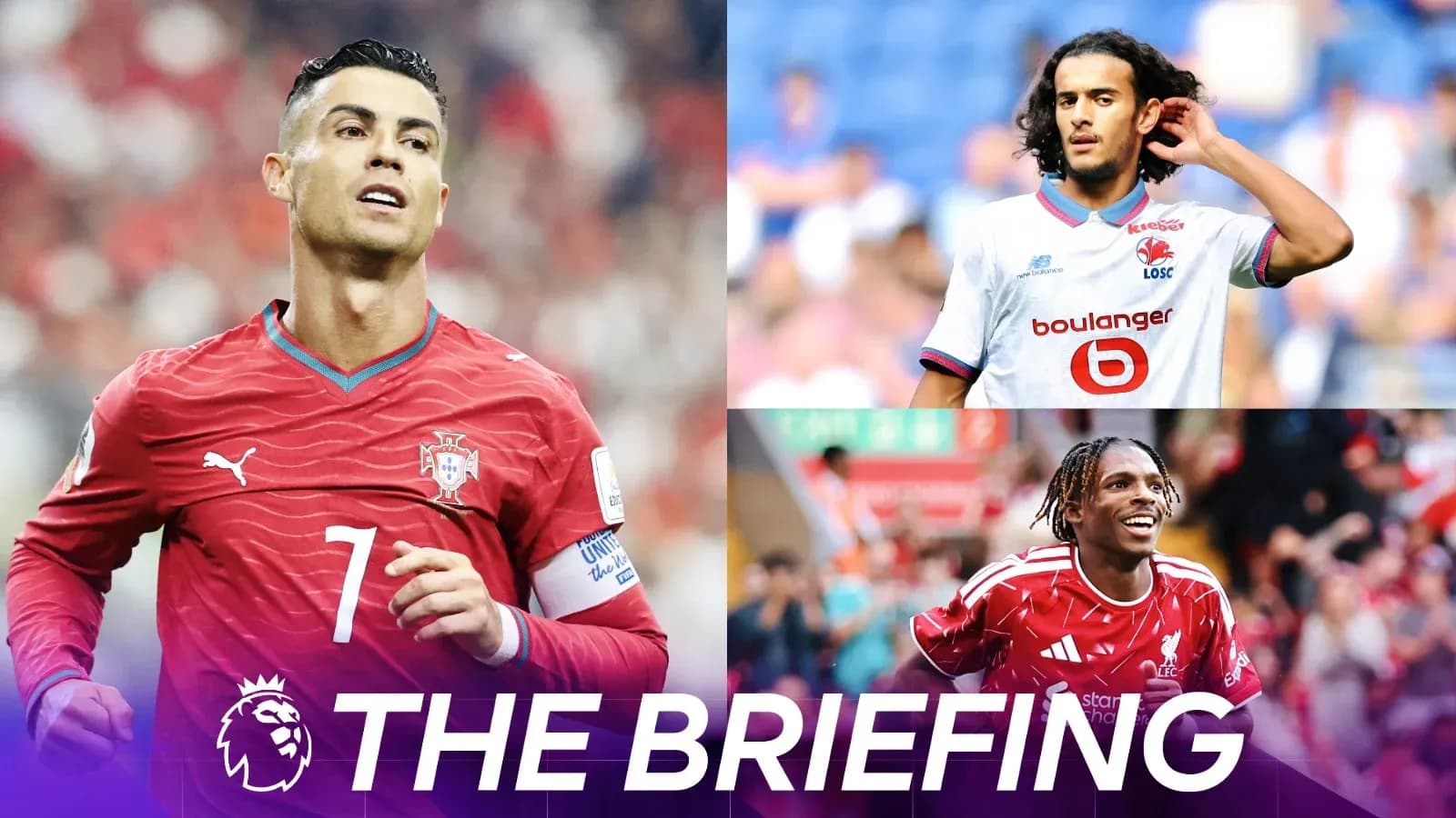 Three football players in team jerseys during matches Three football players in team jerseys during matches