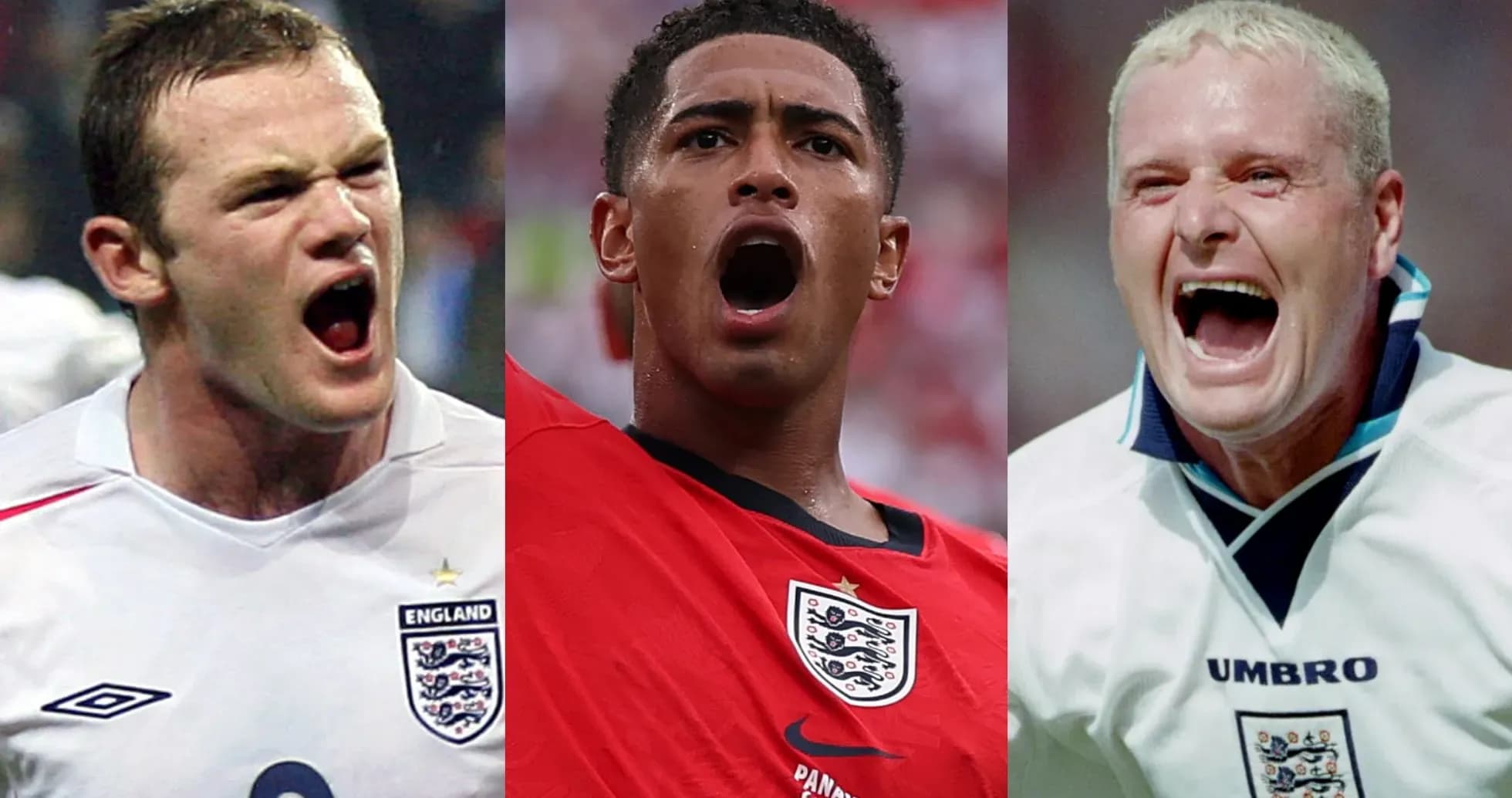 Three football players celebrating passionately in England jerseys Three football players celebrating passionately in England jerseys