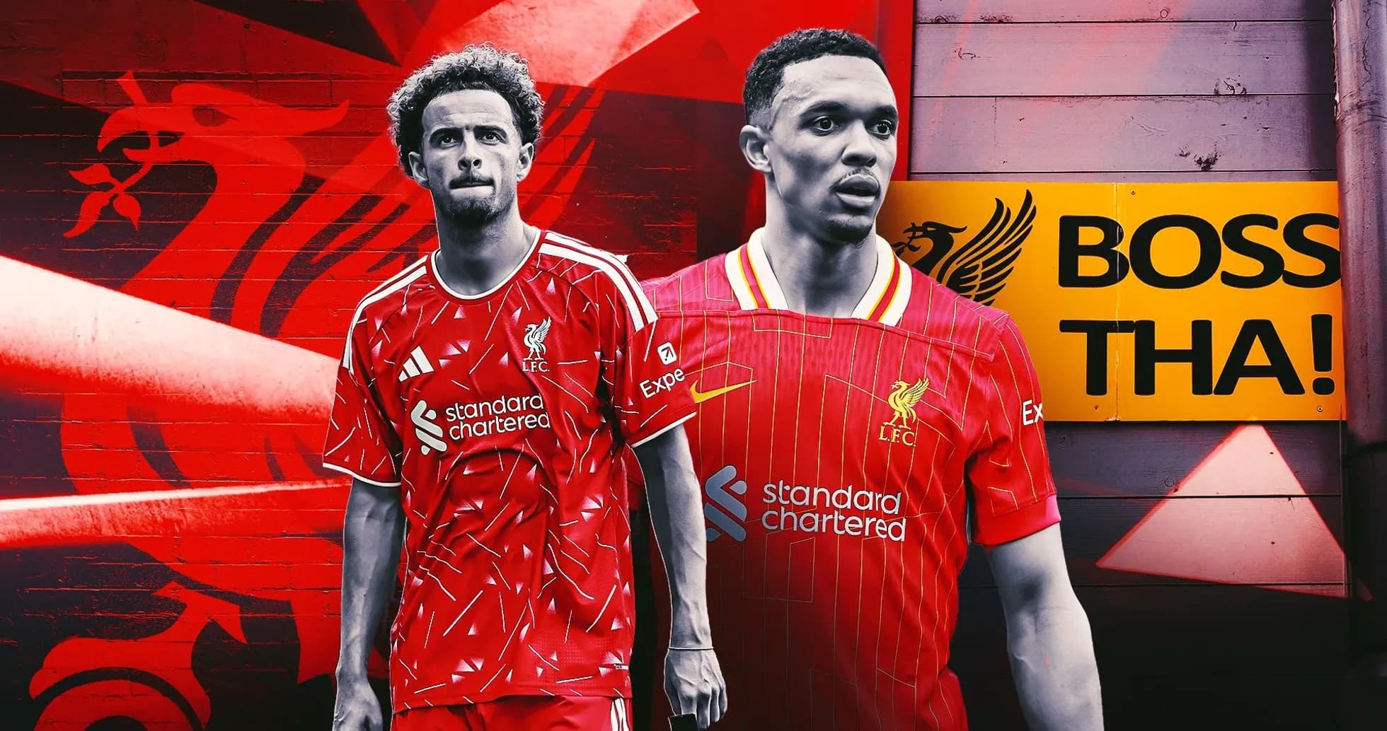 Two Liverpool players in red kits against vibrant background Two Liverpool players in red kits against vibrant background