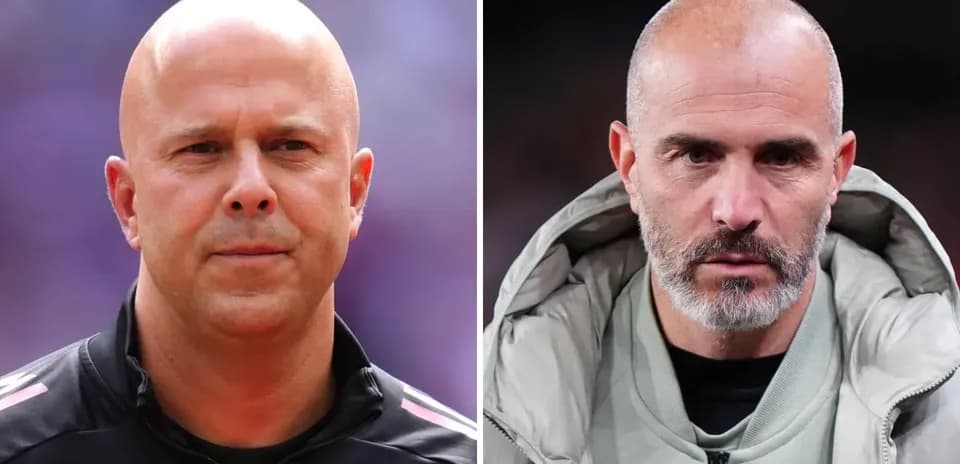 Two football coaches posing for a split photo Two football coaches posing for a split photo