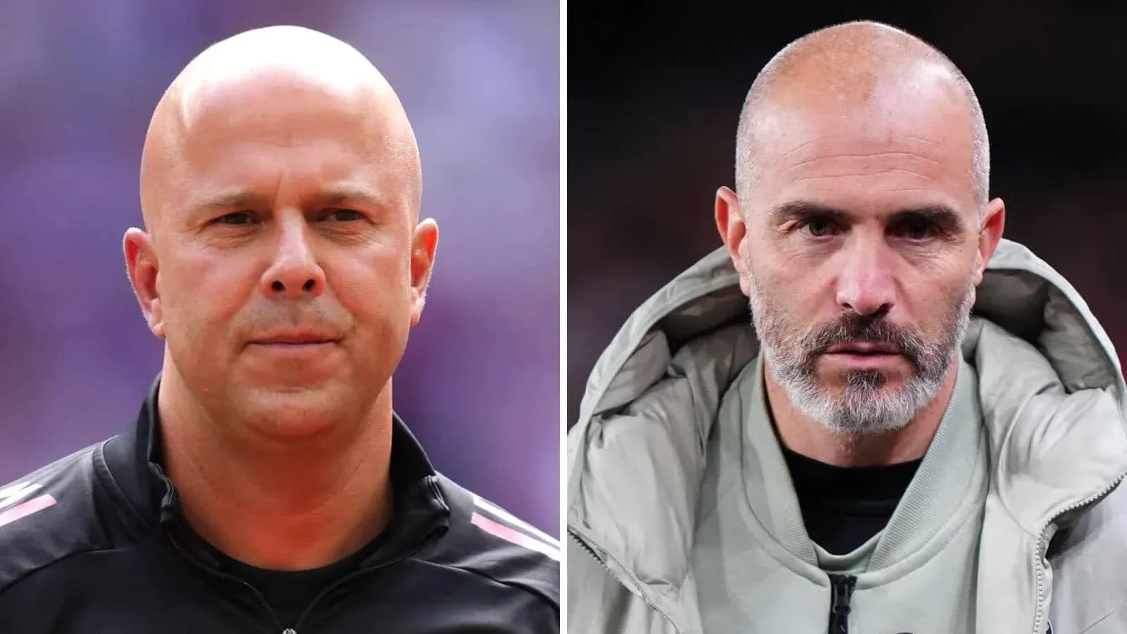 Two football coaches posing for a split photo Two football coaches posing for a split photo