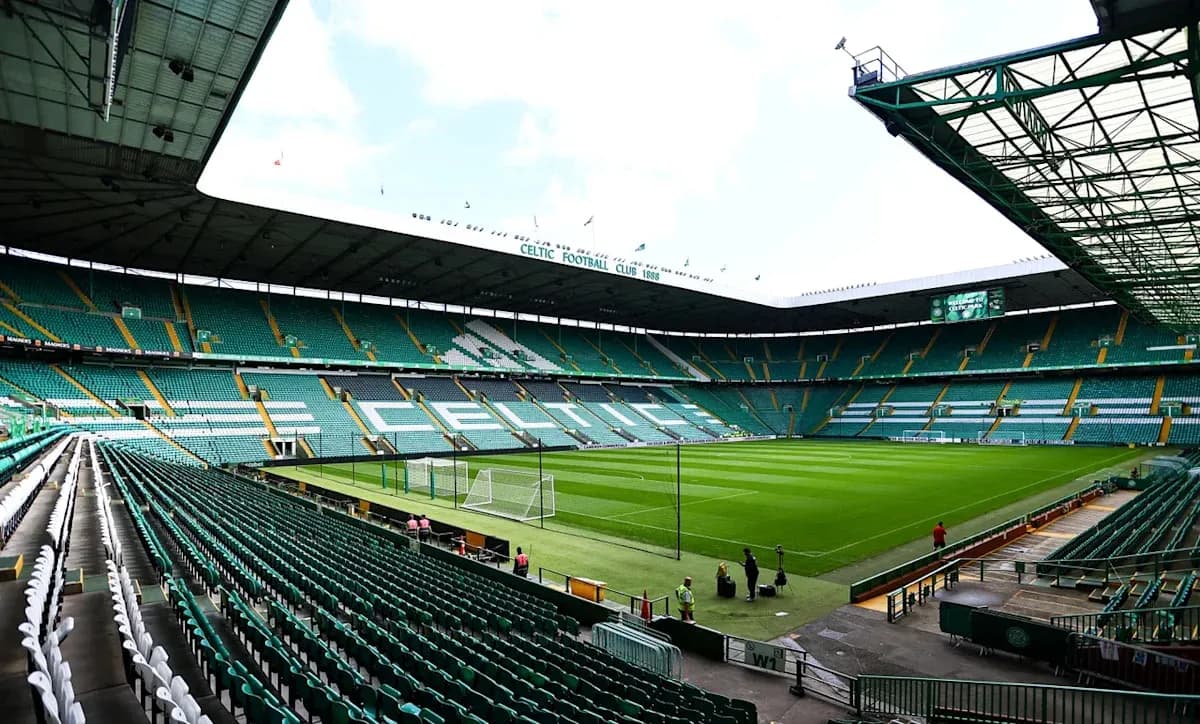 Celtic Park stadium with empty seating and pitch Celtic Park stadium with empty seating and pitch
