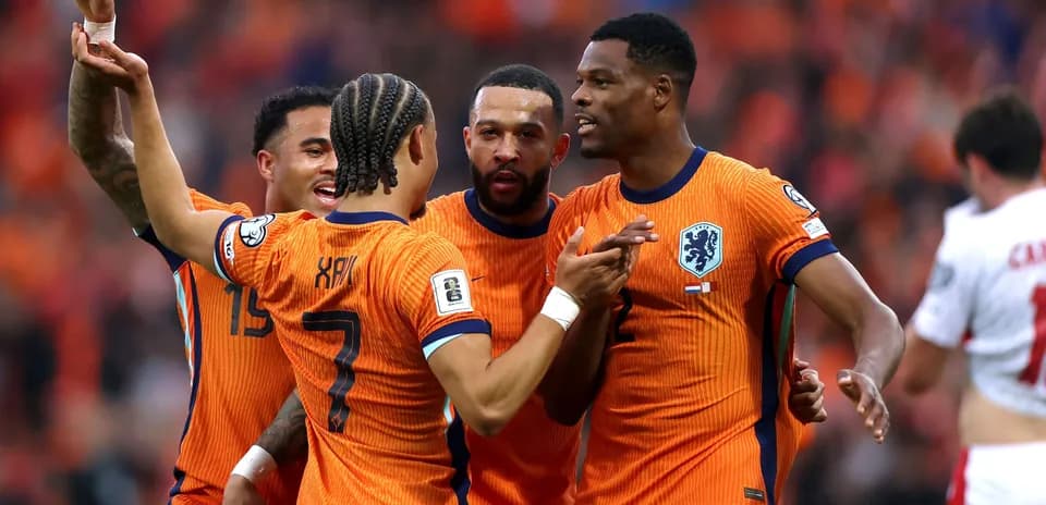 Netherlands players celebrating a goal during match Netherlands players celebrating a goal during match