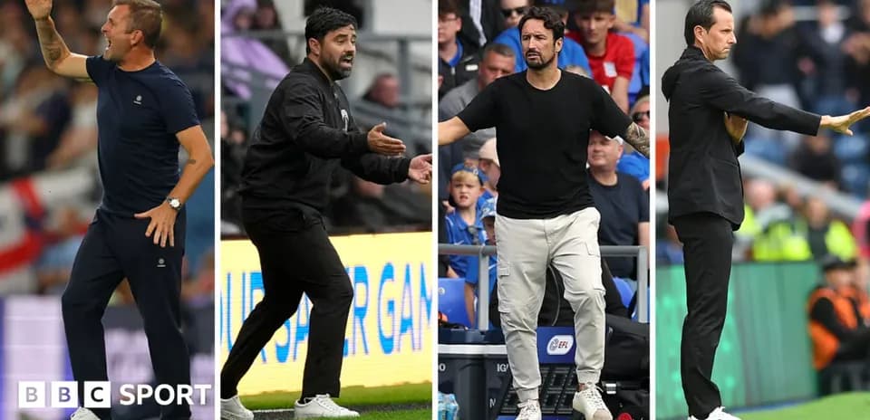 Four football managers gesturing on the sidelines Four football managers gesturing on the sidelines