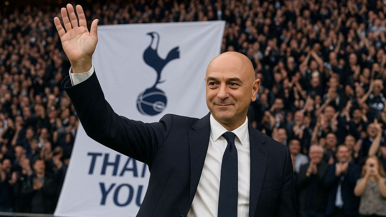 Executive waving at fans with Tottenham banner behind Executive waving at fans with Tottenham banner behind