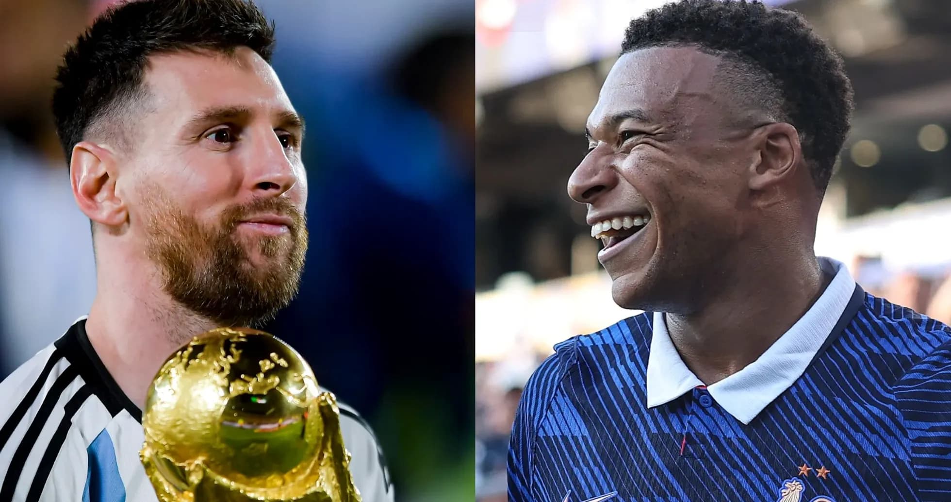 Lionel Messi holding World Cup trophy, Kylian Mbappé smiling Lionel Messi holding World Cup trophy, Kylian Mbappé smiling