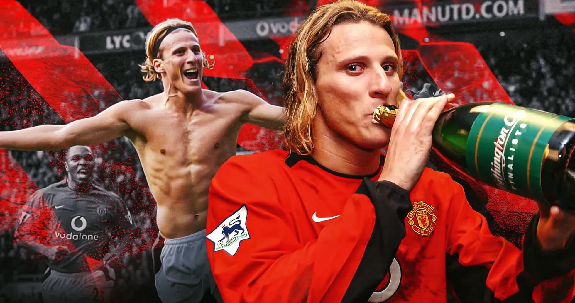 Player celebrating with champagne in Manchester United jersey Player celebrating with champagne in Manchester United jersey