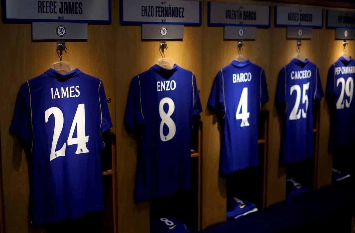 Chelsea jerseys hanging in players' locker room Chelsea jerseys hanging in players' locker room