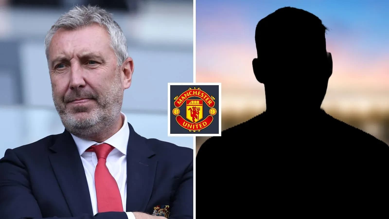 Man in suit with Manchester United logo background Man in suit with Manchester United logo background