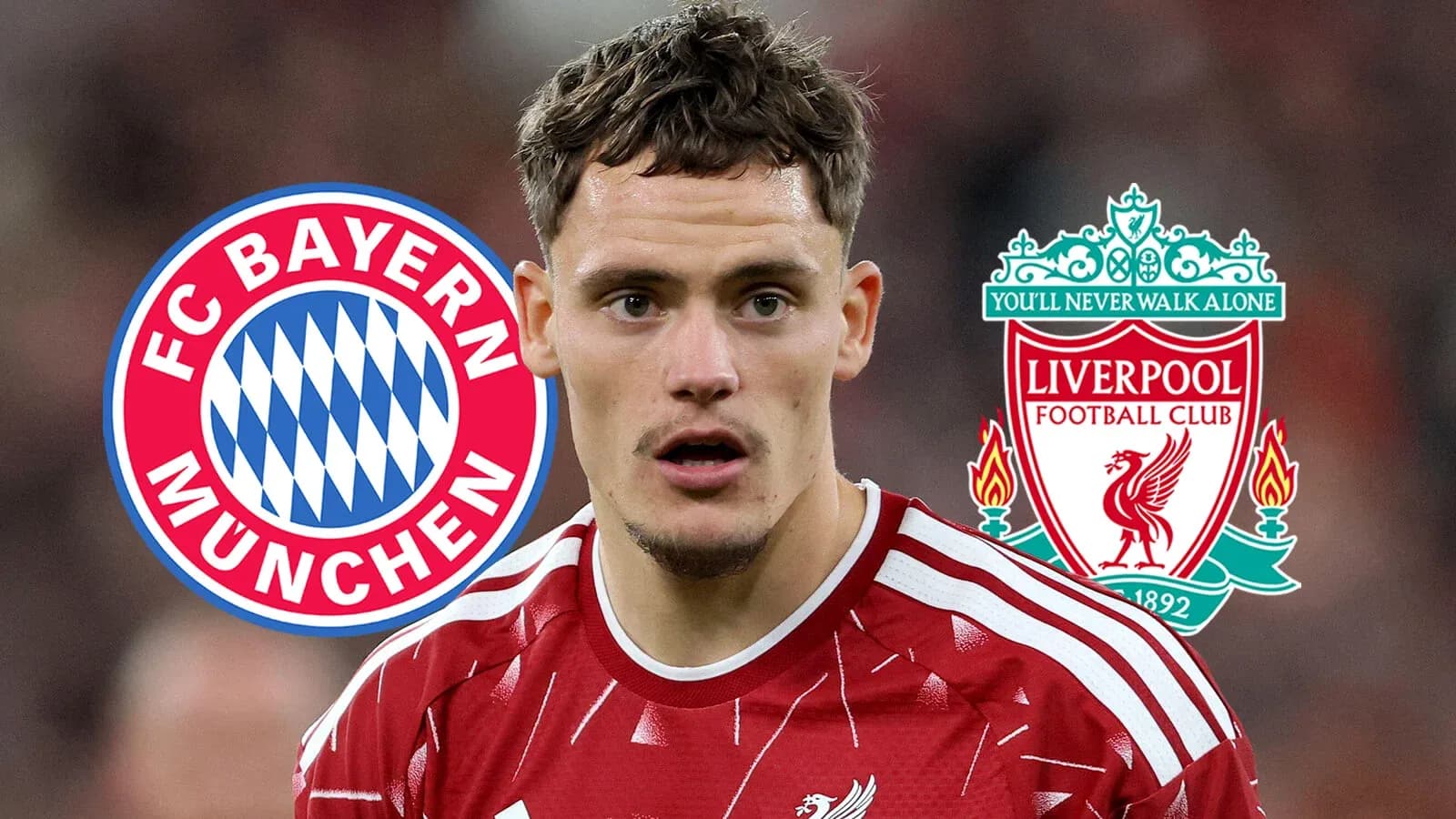 Player in Liverpool jersey with Bayern and Liverpool logos Player in Liverpool jersey with Bayern and Liverpool logos