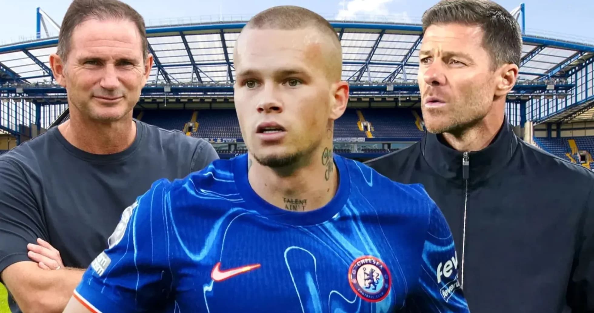 Three football figures at Stamford Bridge stadium Three football figures at Stamford Bridge stadium
