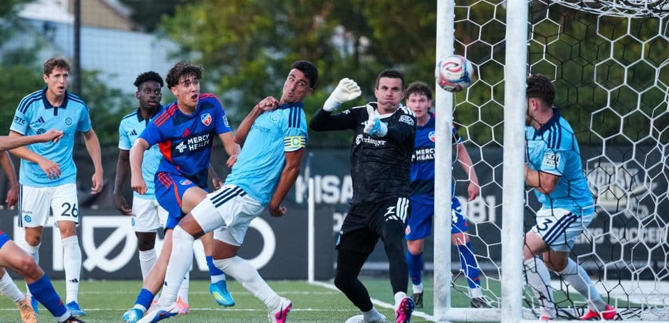 Players contesting a goal during FC Cincinnati II match Players contesting a goal during FC Cincinnati II match