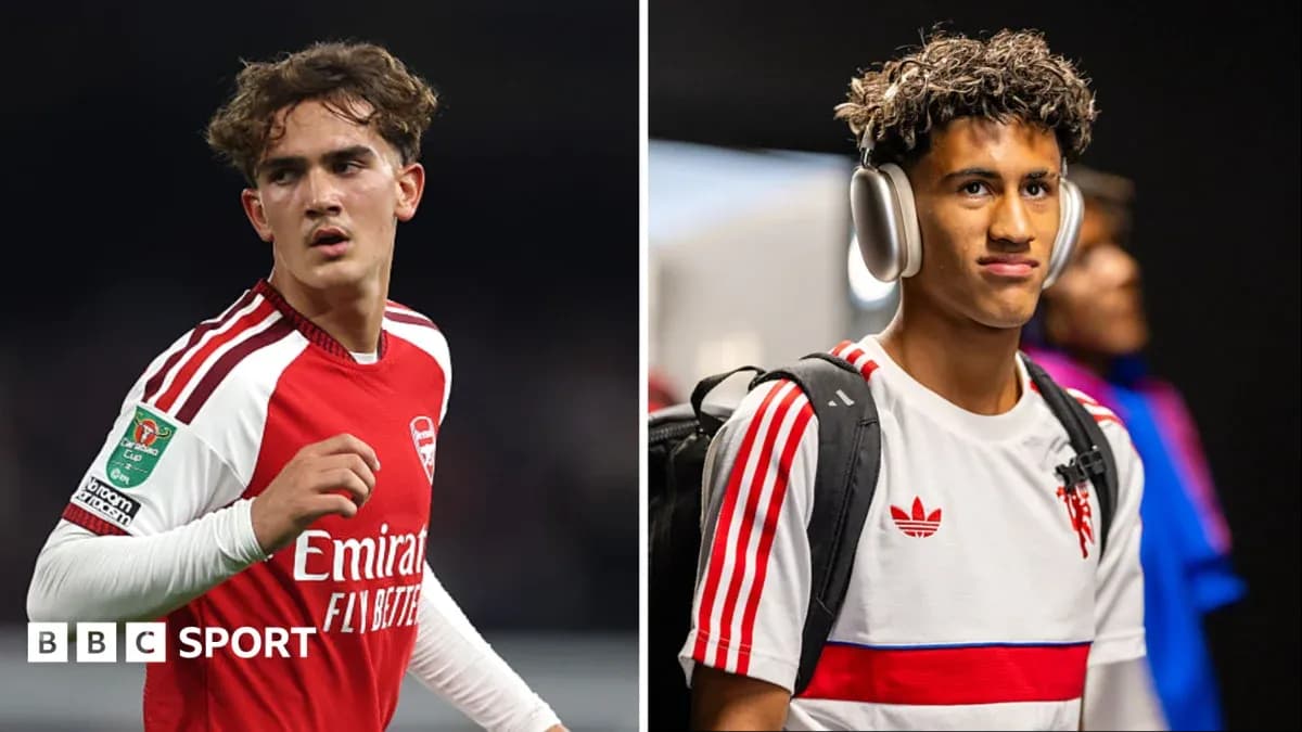 Two football players in Arsenal kits, one playing, one arriving Two football players in Arsenal kits, one playing, one arriving