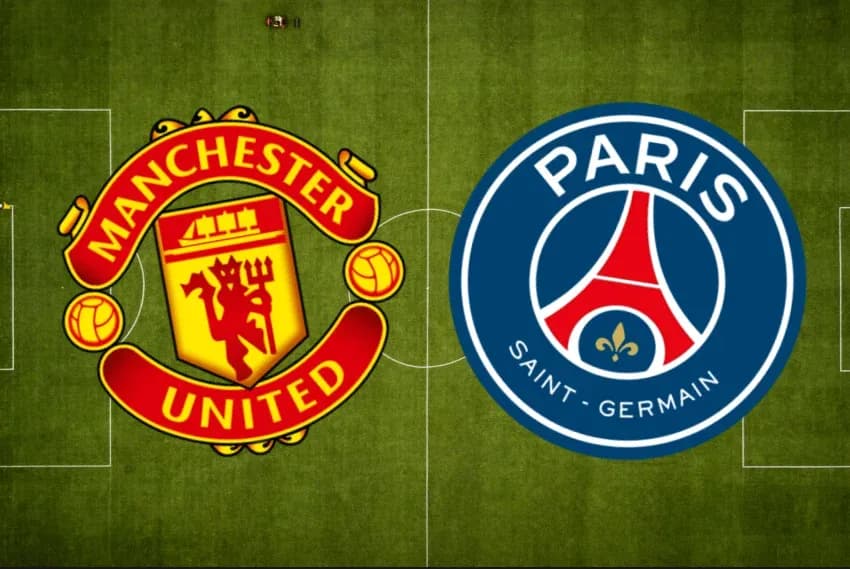 Manchester United and Paris Saint-Germain logos on pitch Manchester United and Paris Saint-Germain logos on pitch